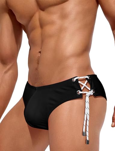 SEAUR Badeslip Badehose Herren Kurz Eng Slip Strand Schwimmhose Schnürung Schnell Trocknend Wassersport Classic Swim Briefs Strand - M (Asie L) von SEAUR