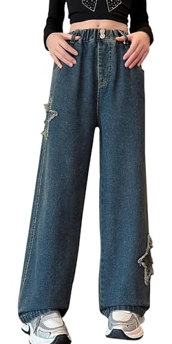 SEAUR Baggy Jeans Y2K Stars Dunkelblau Jeans Baggy Mädchen Vintage Denim Jeans Hip Hop Street Jeans Kinder Weite Jeans 13-14 J von SEAUR