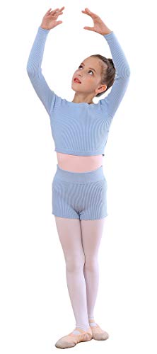 SEAUR Ballett Wickeljacke Mädchen Langarm Strickjacke Tanz Ballettjacke Gymnastik Yoga Bolero Tanzpullover Top - E Blau Set - XXL von SEAUR