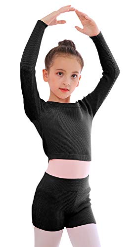 SEAUR Ballett Wickeljacke Mädchen Langarm Strickjacke Tanz Ballettjacke Gymnastik Yoga Bolero Tanzpullover Top - E Schwarz Set - XXL von SEAUR