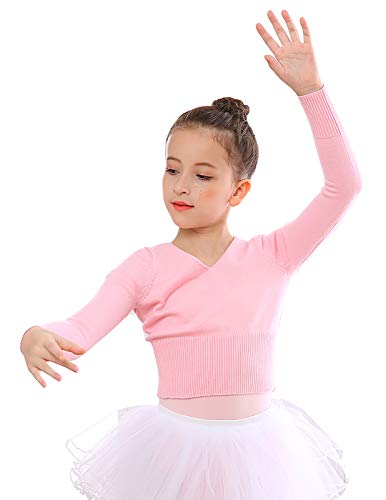 SEAUR Ballettjacke Mädchen Langarm Wickeljacke Tanz Ballett Gymnastik Yoga Strickjacke Tanzpullover Top V Ausschnitt Bolero - D Rosa - S von SEAUR