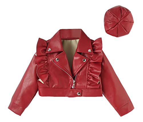 SEAUR Bikerjacke Kinder Mädchen Kunstlederjacke mit Barett Super Kurz Lederjacke Motorrad PU Jacke Frühling Herbst - B Rot - 1-2 Jahre von SEAUR