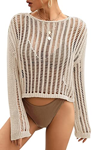 SEAUR Bikini Cover Up Damen Netz Strand Oberteil Gestrickt Langarm Top Sommer Strandkleid Strandponcho Badeanzug Cover Ups Strandtunika - S von SEAUR