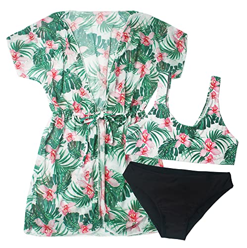 SEAUR Bikini Kinder Mädchen mit Bademantel 3 Teilig Set Badeanzug Hawaii Blumenmuster Schwimmanzug Sommer Strand Schwimmen Bademode Swimming Swimsuit - 140 von SEAUR