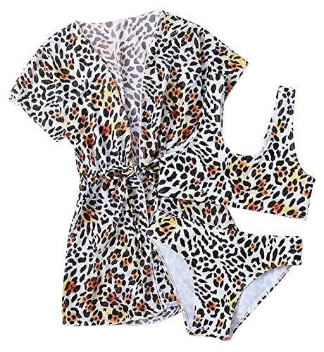 SEAUR Bikini Kinder Mädchen mit Bademantel 3 Teilig Set Badeanzug Hawaii Blumenmuster Schwimmanzug Sommer Strand Schwimmen Bademode Swimming Swimsuit - 140 von SEAUR
