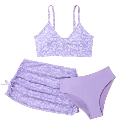 SEAUR Bikini Mädchen 3 Teiler Badeanzug Push Up Kinder Bikini Gepolstert Lila Schwimmkostüm Mädchen 8-9 Jahre von SEAUR