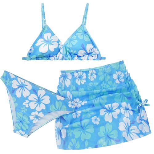 SEAUR Bikini Mädchen Teenager Set 3 Stück Schwimmanzug Kinder Badeanzug mit Cover Up Rock Bikinioberteil mit Triangel Bikinihose A-Blau 10-11J von SEAUR