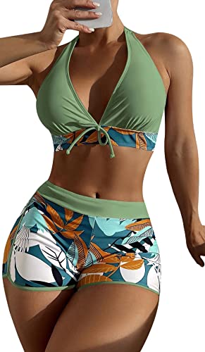 SEAUR Bikini Set Damen Zweiteiliger Badeanzug Badeshorts mit Bikini Top Oberteil Blumenmuster Sommer Bademode Two Piece Swimsuit Swim Shorts Schwimmbad Pool Strand - L von SEAUR