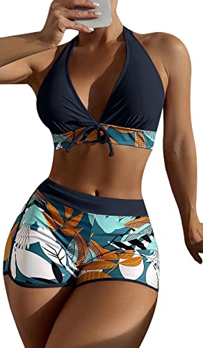 SEAUR Bikini Set Damen Zweiteiliger Badeanzug Badeshorts mit Bikini Top Oberteil Blumenmuster Sommer Bademode Two Piece Swimsuit Swim Shorts Schwimmbad Pool Strand - L von SEAUR