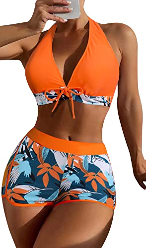 SEAUR Bikini Set Damen Zweiteiliger Badeanzug Badeshorts mit Bikini Top Oberteil Blumenmuster Sommer Bademode Two Piece Swimsuit Swim Shorts Schwimmbad Pool Strand - L von SEAUR