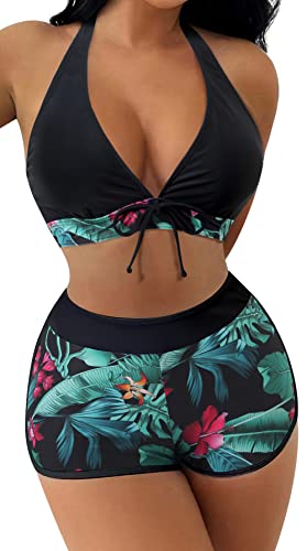 SEAUR Bikini Set Damen Zweiteiliger Badeanzug Badeshorts mit Bikini Top Oberteil Blumenmuster Sommer Bademode Two Piece Swimsuit Swim Shorts Schwimmbad Pool Strand - L von SEAUR