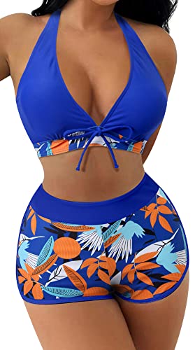 SEAUR Bikini Set Damen Zweiteiliger Badeanzug Badeshorts mit Bikini Top Oberteil Blumenmuster Sommer Bademode Two Piece Swimsuit Swim Shorts Schwimmbad Pool Strand - L von SEAUR