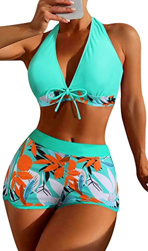 SEAUR Bikini Set Damen Zweiteiliger Badeanzug Badeshorts mit Bikini Top Oberteil Blumenmuster Sommer Bademode Two Piece Swimsuit Swim Shorts Schwimmbad Pool Strand - S von SEAUR