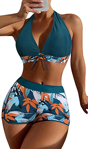 SEAUR Bikini Set Damen Zweiteiliger Badeanzug Badeshorts mit Bikini Top Oberteil Blumenmuster Sommer Bademode Two Piece Swimsuit Swim Shorts Schwimmbad Pool Strand - S von SEAUR