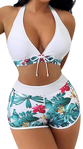 SEAUR Bikini Set Damen Zweiteiliger Badeanzug Badeshorts mit Bikini Top Oberteil Blumenmuster Sommer Bademode Two Piece Swimsuit Swim Shorts Schwimmbad Pool Strand - S von SEAUR
