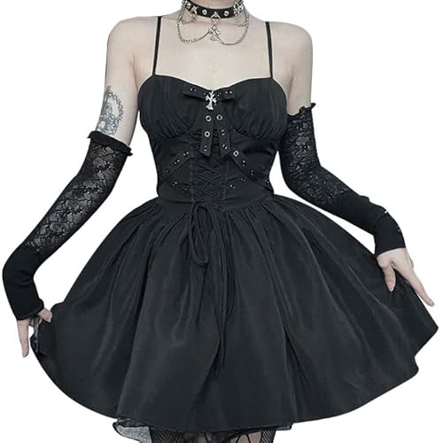 SEAUR Bodycon Kleid Damen Sexy Kurz Minikleid Punk Gothic Kleid Spaghetti Retro Schnürkleid Partykleid Club Wear - M von SEAUR