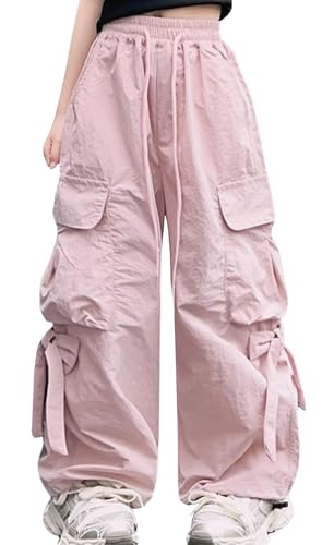 SEAUR Cargo Hose Kinder Mädchen Freizeithose Baggy Hip Hop Hose mit Gummibund Schleife Leicht Dünn Sommerhose 4 Taschen Freizeit Streetwear - 130 (7-8 Jahre) von SEAUR