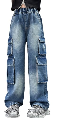SEAUR Cargo Hose Kinder Mädchen Jeans Baggy Y2K Hip Hop Hose Multi Taschen Cargohose Gummibund Jeanshose Streetwear Freizeit - 120(110-116) von SEAUR