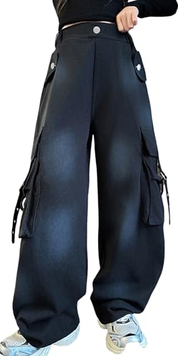 SEAUR Cargo Hose Kinder Mädchen Jeans Baggy Y2K Hip Hop Hose Multi Taschen Cargohose Gummibund Jeanshose Vintage Streetwear Freizeit - 120(110-116) von SEAUR