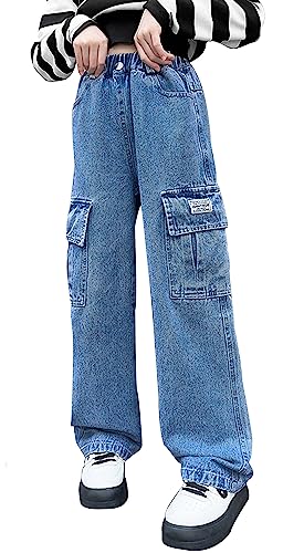 SEAUR Cargo Jeans Kinder Mädchen Baggy Jeanshose Weites Bein High Waist Cargo Hosen Loch Bootcut Vintage Y2K Cargohose Lang Gummibund 122/128 (6-7 Jahre) von SEAUR