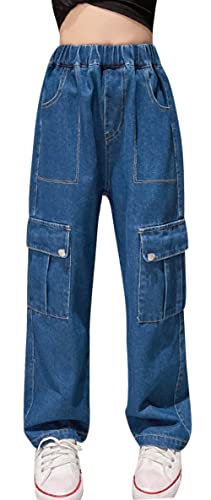 SEAUR Cargohose Kinder Mädchen Hip Hop Hose Cargo Jeans Gummibund Multi Taschen Streetwear Freizeithose Tanz Freizeit - 130-122/128 - Dunkelblau von SEAUR