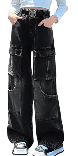 SEAUR Cargohose Kinder Mädchen Jeans Y2K Hip Hop Hose Baggy Cargo Streetwear Gummibund Multi Taschen Jeanshose Freizeit - 130(122-128) von SEAUR