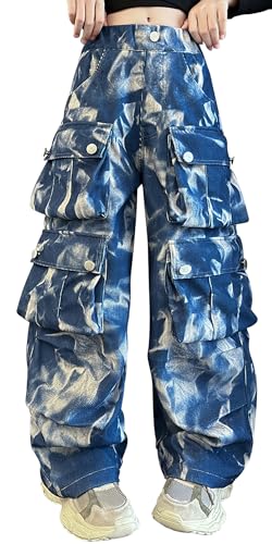 SEAUR Cargohose Kinder Mädchen Jeans Y2K Hip Hop Hose Baggy Cargo Streetwear Gummibund Multi Taschen Jeanshose Freizeit Tie-Dye - 130(122-128) von SEAUR