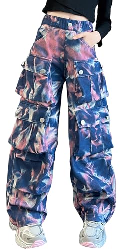 SEAUR Cargohose Kinder Mädchen Jeans Y2K Hip Hop Hose Baggy Cargo Streetwear Gummibund Multi Taschen Jeanshose Freizeit Tie-Dye - 130(122-128) von SEAUR