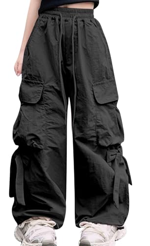 SEAUR Cargohose Mädchen Baggy Hip Hop Hose Kinder Cargo Freizeithose mit Gummibund Schleife Leicht Dünn Sommerhose 4 Taschen Freizeit Streetwear - 150 (10-11 Jahre) von SEAUR