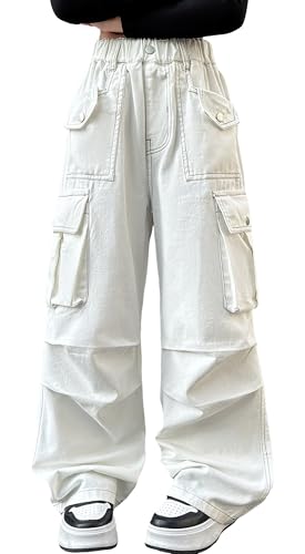 SEAUR Cargohose Mädchen Baggy Jeans Y2K Hip Hop Hose Kinder Cargo Jeanshose Multi Taschen Streetwear mit Gummibund - 160(152-158) von SEAUR