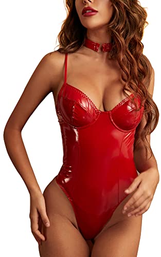 SEAUR Catsuit Damen Wetlook Unterwäsche Frauen Kropfband Sexy Lack Leder Exklusives Clubwear Club Enge Glänzend Strampler Jumpsuit Playsuit Einteiler von SEAUR