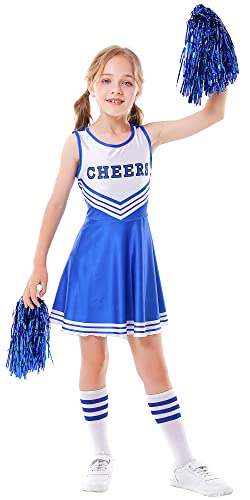 SEAUR Cheerleader Outfit Kinder Mädchen 100-150cm mit Socken Pompoms Cheerleadering Kostüm Äremllos Tanzkleid Party Fasching Karneval Kostüm - Blau - Gr. 120 von SEAUR