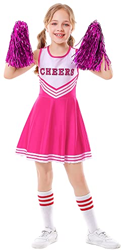 SEAUR Cheerleader Outfit Kinder Mädchen 100-150cm mit Socken Pompoms Cheerleadering Kostüm Äremllos Tanzkleid Party Fasching Karneval Kostüm - Rose Rot - Gr. 140 von SEAUR