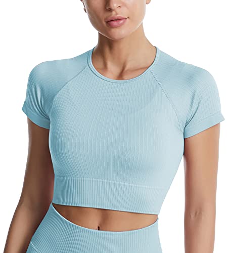 SEAUR Crop Top Damen Kurzarm Sport Oberteil Eng Kurz Fitness Shirt Bauchfrei T-Shirts Yoga Gym Sportshirt Short Sleeve Laufshirt - M von SEAUR