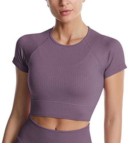 SEAUR Crop Top Damen Kurzarm Sport Oberteil Eng Kurz Fitness Shirt Bauchfrei T-Shirts Yoga Gym Sportshirt Short Sleeve Laufshirt - M von SEAUR