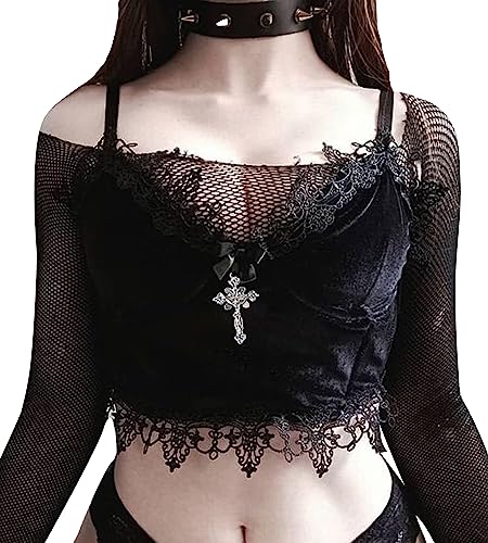 SEAUR Crop Top Damen Y2k Gothic Bauchfrei Tank Top Cami V Ausschnitt Oberteil Spitze Club Party Streetwear Spaghetti Emo Grunge Outfit - M von SEAUR