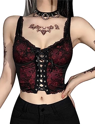 SEAUR Crop Top Damen Y2k Gothic Bauchfrei Tank Top Cami V Ausschnitt Oberteil Spitze Club Party Streetwear Spaghetti Emo Grunge Outfit - M von SEAUR