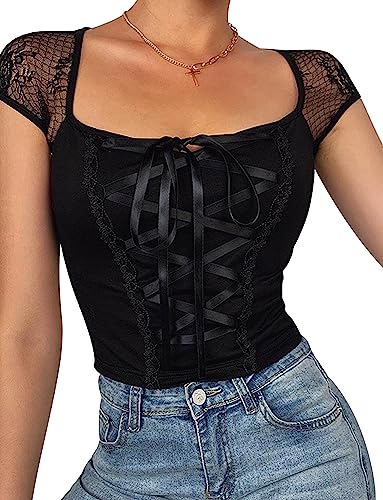 SEAUR Crop Top Damen Y2k Gothic Bauchfrei Tank Top Schnürung Oberteil Kurzarm Club Party Streetwear T-Shirt Emo Grunge Outfit - L von SEAUR