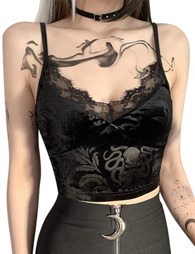 SEAUR Crop Top Damen Y2k Gothic Spitze Tank Top Spaghetti Bauchfrei Oberteil Cami V Ausschnitt Streetwear Club Party Emo Grunge Outfit - S von SEAUR