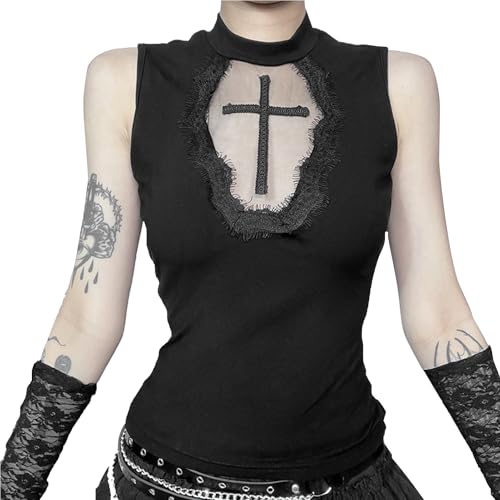 SEAUR Crop Top Damen Y2k Gothic Tank Top Cami Oberteil Sexy Streetwear Club Party Emo Grunge Outfit Schwarz - M von SEAUR