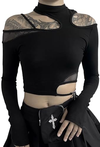 SEAUR Crop Top Damen Y2k Grunge Punk Oberteil Cut Out Mesh Tops Schwarz Bauchfrei Streetwear Slim Fit Party Club Outfit Asymmetrisch - S von SEAUR