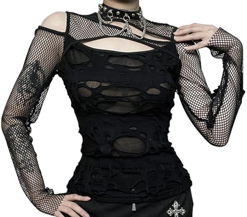 SEAUR Crop Top Damen Y2k Grunge Punk Oberteil Cut Out Mesh Tops Schwarz Streetwear Slim Fit Party Club Outfit Durchsichtig - S (EU XS) von SEAUR