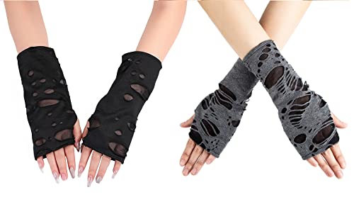 SEAUR Damen Armstulpen Grunge Goth Punk Handschuhe Fingerlos Schicker Armwärmer Schwarz Grau Stulpen für Cosplay Karneval Party Halloween Kostüm - 2 Paar von SEAUR