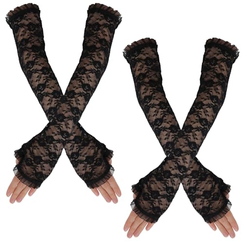 SEAUR Damen Armstulpen Spitze Fingerlose Handschuhe Schwarz Gothic Punk Lange Handschuhe für Party Cosplay Karneval Halloween - 2 Paar von SEAUR