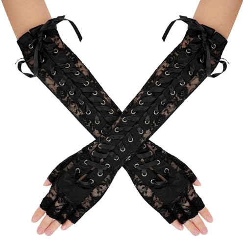 SEAUR Damen Armstulpen Spitze Fingerlose Handschuhe Schwarz mit Schnürung Gothic Punk Lange Handschuhe für Party Cosplay Karneval Halloween von SEAUR