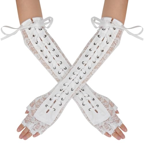 SEAUR Damen Armstulpen Spitze Fingerlose Handschuhe Weiß mit Schnürung Gothic Punk Lange Handschuhe für Party Cosplay Karneval Halloween von SEAUR