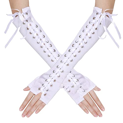SEAUR Damen Armstulpen Weiß Goth Punk Handschuhe Fingerlos Schnürung Satin Armwärmer für Cosplay Karneval Party Halloween Kostüm - 1 Paar von SEAUR