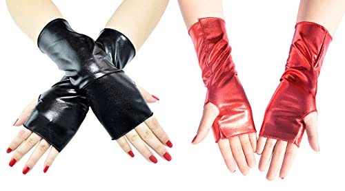 SEAUR Damen Armstulpen Wetlook Fingerlos Handschuhe Goth Punk Lackleder Armwärmer Rot Schwarz Stulpen für Cosplay Karneval Party Halloween Kostüm - 2 Paar von SEAUR