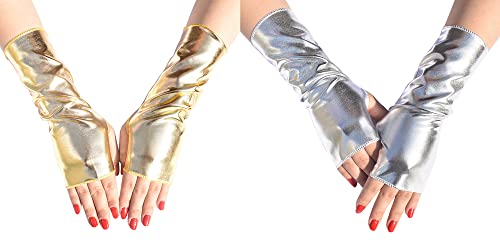 SEAUR Damen Armstulpen Wetlook Fingerlos Handschuhe Goth Punk Lackleder Armwärmer Silber Golden Stulpen für Cosplay Karneval Party Halloween Kostüm - 2 Paar von SEAUR