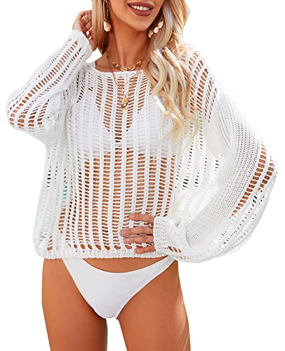SEAUR Damen Badeanzug Cover Up Gestrickt Netz Strand Oberteil Sommer Strandkleid Bikini Cover Ups Langarm Strandponcho Strandtunika - M von SEAUR